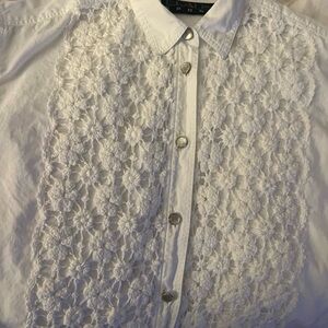 Rare Vintage Crochet White Floral Lace Button-Up Shirt 100% Cotton Blouse